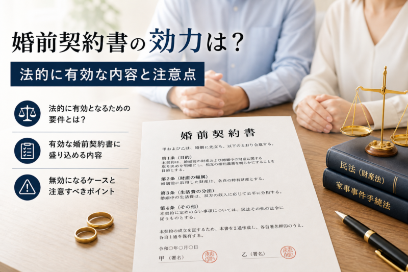 婚前契約書の効力や法的に有効な内容、注意点を解説するイメージ画像