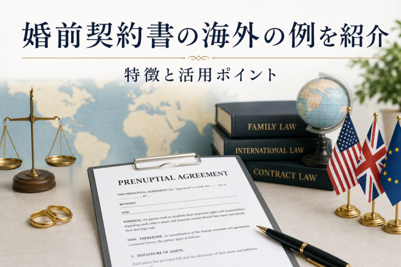 海外の婚前契約書の例や特徴、活用ポイントを示す法律関連のイメージ画像